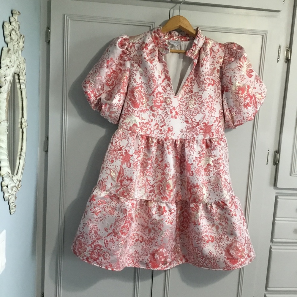 EUC SUGARLIPS Lola Jacquard Jacey Babydoll Mini Dress in Red Gold size S